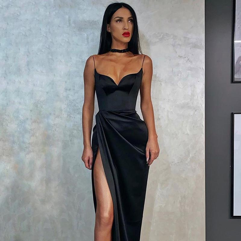 Casual Dresses Spaghetti Straps Black Sexy Backless Midi Gown Party Club Sleeveless Bodycon Split Dress Vestidos Solid AAA Discount for in-store purch
