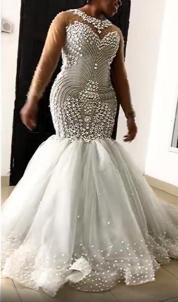 2021 Plus Size Arabic Aso Ebi Luxurious Crystals Mermaid Wedding Gowns Sheer Neck Long Sleeves Bridal Dresses ZJ255