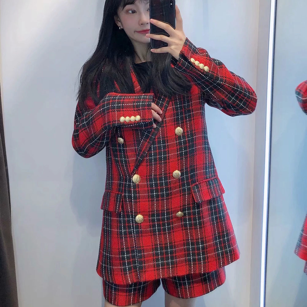 Autumn Women Elegant Black And Red Lattice Double-Breasted Female Check Coat Office Work Lattice Suit Jacket Outerwear 210520