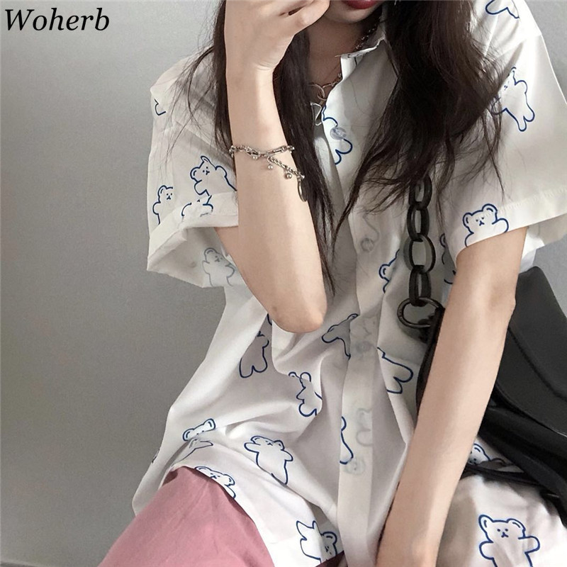 Cartoon Bear Print Blouse Women Korean Chic Short Sleeve Cute Blusa Shirt Kawaii Casual Fashion Lady Tops Clothes 210519