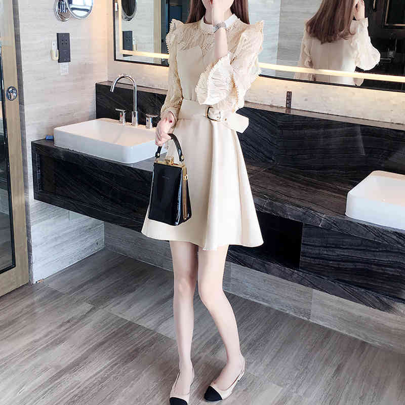 Spring New Dress Women Korean Office Ladies Elegant Ruffles Dress A-line Long Sleeve Lace Sexy Dress Vestidos Female 210409