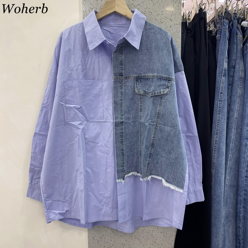 Color-blocked Denim Women Shirt Turn-down Collar Single-breasted All Match Tops Casual Fashion Asymmetrical Shirts 210519