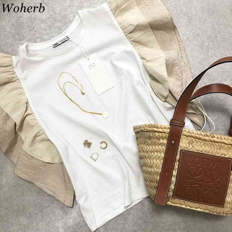 Summer Ruffle Patchwork Slim T-Shirt Women Flying Short Sleeve Tees Elegant Casual Tops Ladies O Neck Tshirts 210519