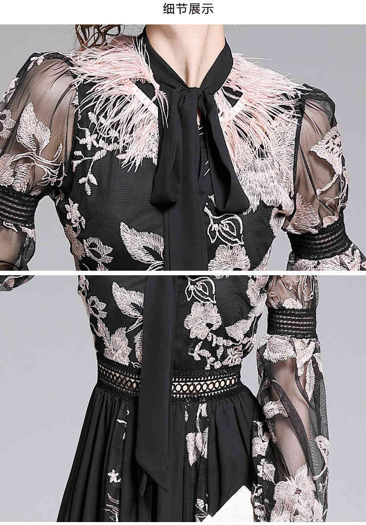 High Quality Bow Flower Embroidery Women Waist Slim Dress Vestidos Vintage Spring Elegant Fashion Robe 210519