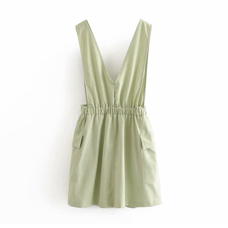 Women Solid V Neck Mini Cotton Dress Pockets Button Decorate A Line Sleeveless Backless Fashion Lady es Ropa Mujer 210515