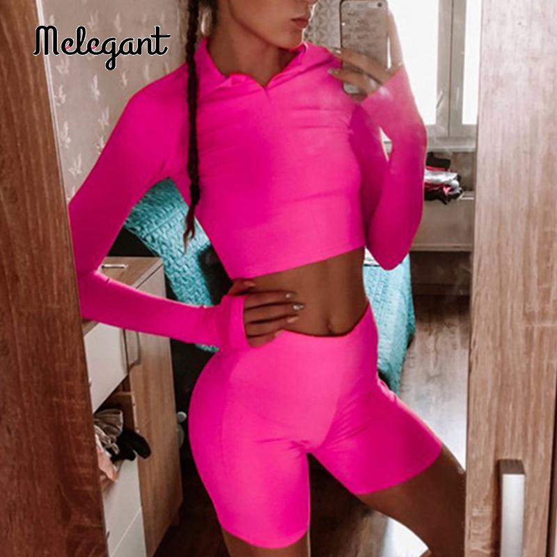 Melegant Sexy Silm Zipper Lapel Women Short Set Casual Long Sleeve Solid Sports Style Suit Spring Autumn Fashion Sportswear 2021 Two Piece D