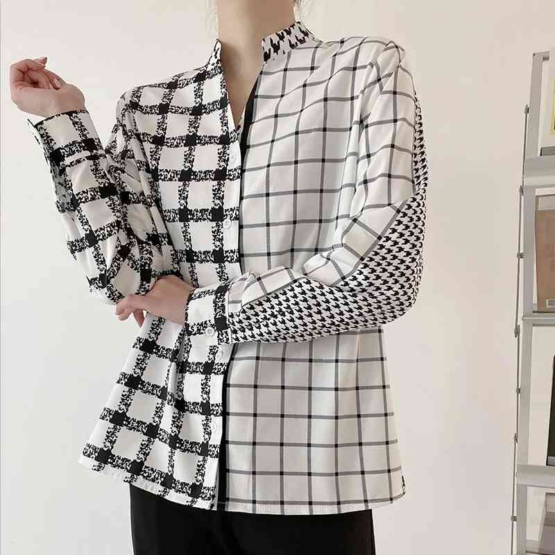 Women Patchwork Printing Plaid Shirt Female Long Sleeve Blouse Casual Lady Loose Tops Blusas S8787 210430