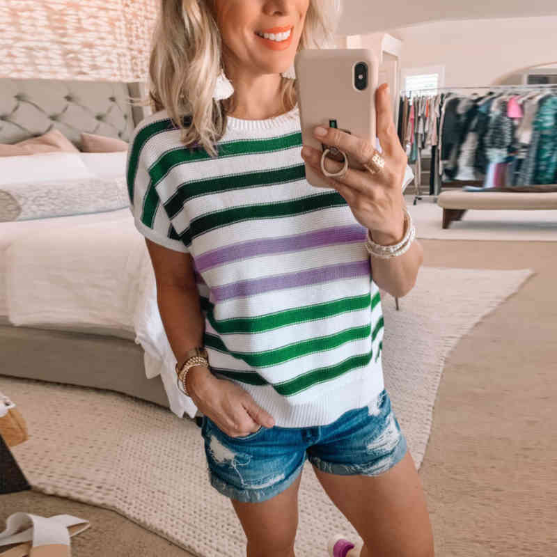 Summer Retro Color Striped Female Tees Short Sleeve Women T-shirt Loose Round Neck Bottoming Lady Tops Woman tshirts 210515