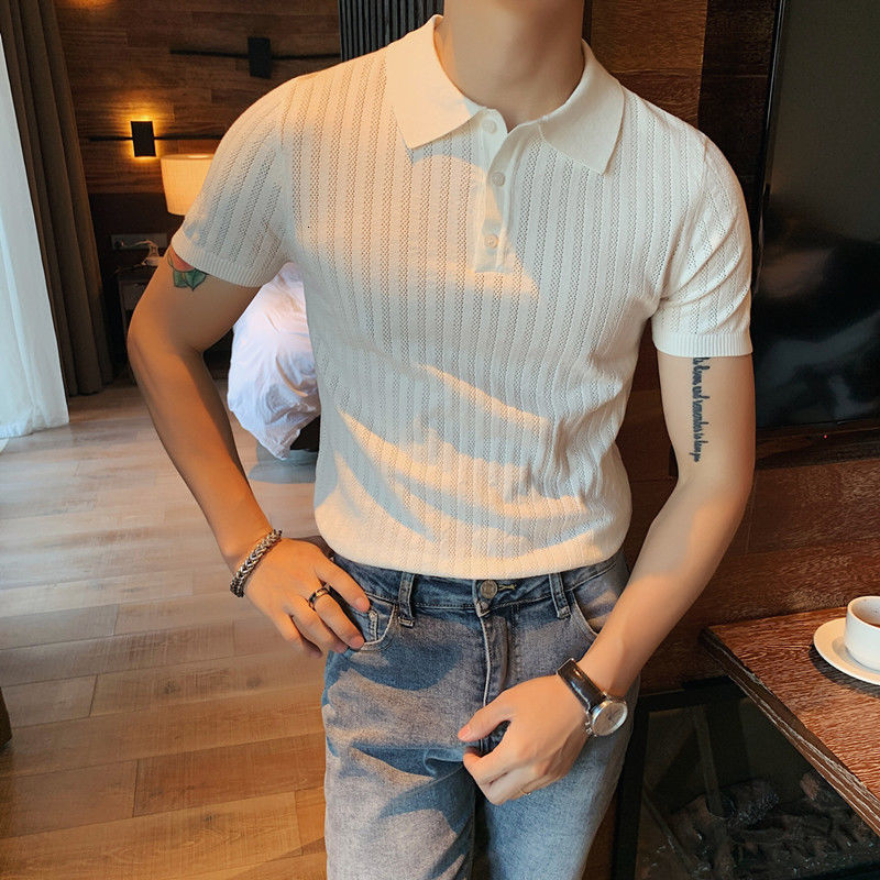 IEFB Summer Man Ice Silk Short Sleeve Solid Color Tee Tops British Slim Fit Lapel Knitted Casual Men's Polo Shirt Causal Clothes 210524