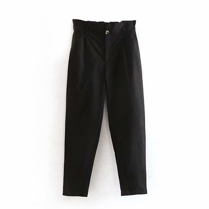 Women Khaki Cotton Paperbag Pants Fashion Streetwear Pockets Pleated Waist Trousers Ladies Casual Long Pantalon 210515