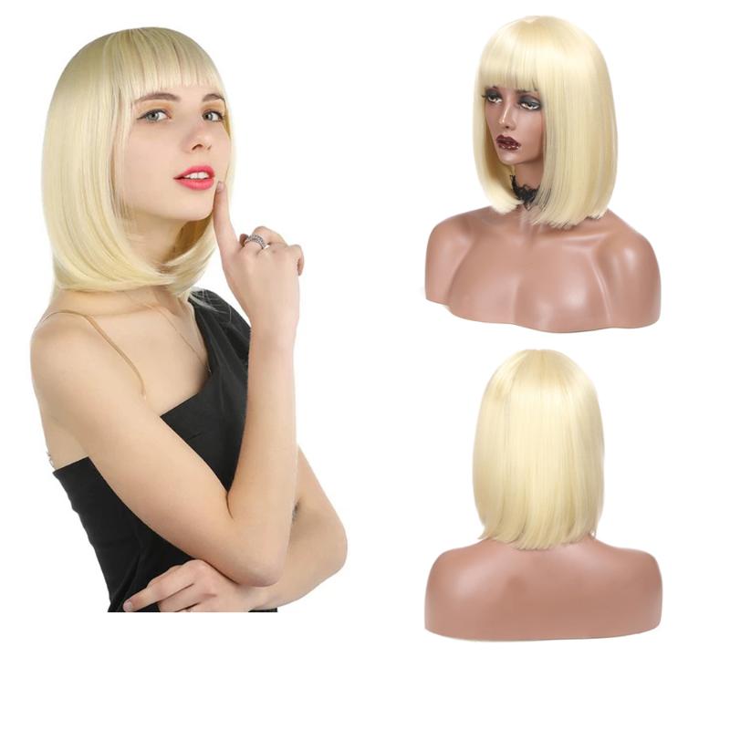 Synthetic Wigs DaiQi Straight Short Bob Wig With Bangs 12 Inches For Women Brown Ombre Blue Purple Pink Cosplay Daily
