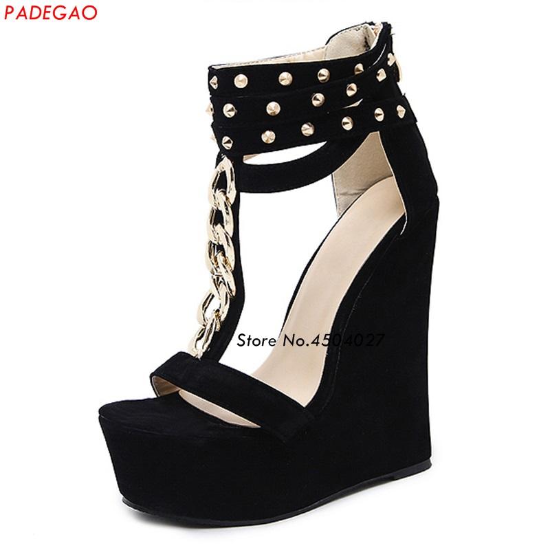 Summer Fashion Woman Sandals Shoes Chain T-strap Rivets Ankle Strap Wedge Heels, Black
Summer Fashion Woman Sandals Shoes Chain T-strap Rivets Ankle Strap Wedge Heels, Black