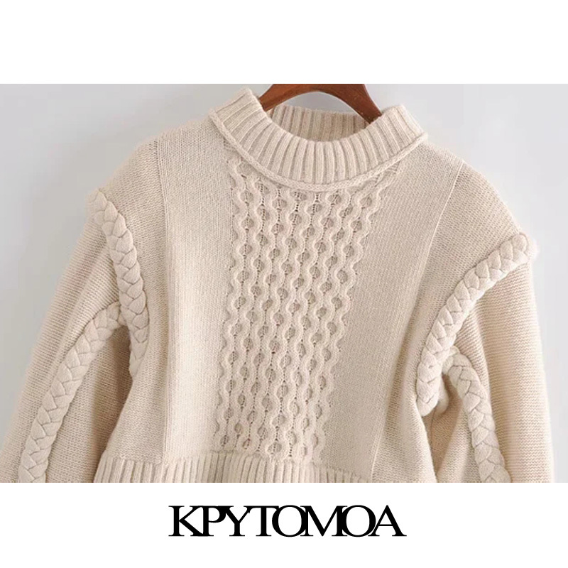 Women Fashion With Shoulder Pads Cropped Cable-knit Sweater O Neck Long Sleeve Female Pullovers Chic Tops 210420