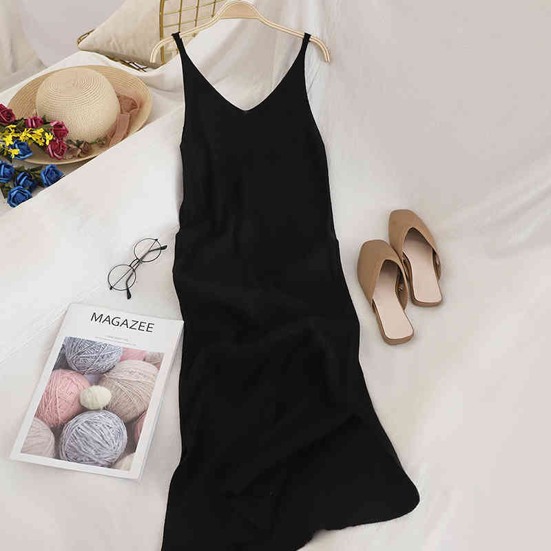 OCEANLOVE V Neck Solid Knitted Dresses Casual All Match Simple Fashion Korean Women Dress Elegant Vestidos New Clothes 15517 210409