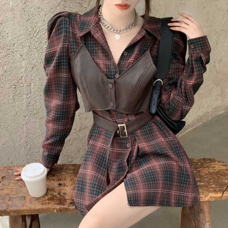 Two Piece Set Women Spring Korean Plaid Turn Down Collar Puff Sleeve Shirt Mini Dress + PU Sling Vest Top Female 210526, Photo color
Two Piece Set Women Spring Korean Plaid Turn Down Collar Puff Sleeve Shirt Mini Dress + PU Sling Vest Top Female 210526, Photo color