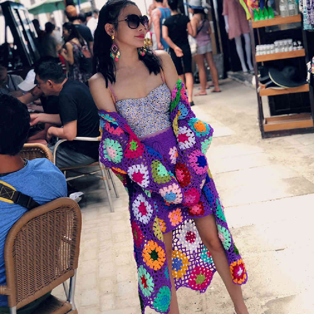 Handmade Crochet Beach Cover Up Sexy Hollow Out Mesh Knitted Tunic Swimsuit Coverup Womens Sarong Robe De Plage A442 210420