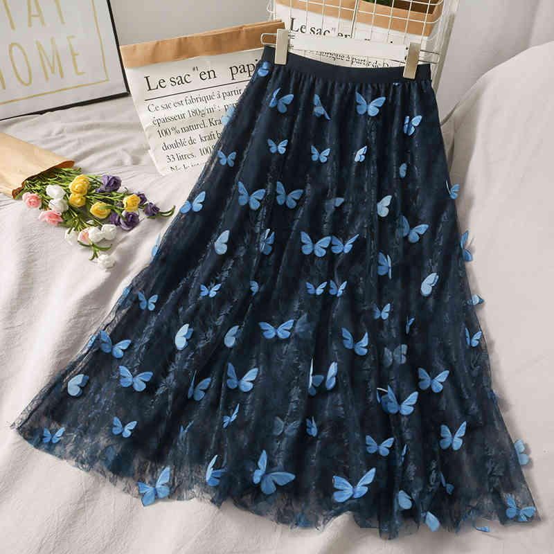 Skirts Womens Elegant Butterfly Patchwork Pleated Mesh Skirt Korean Japanese Kawaii Cute Long Faldas 210519