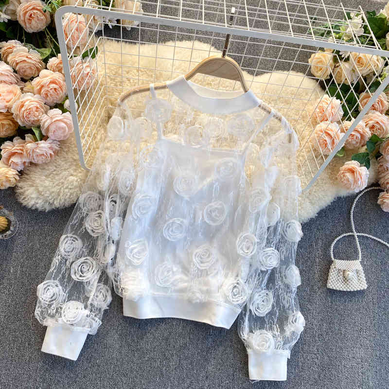 Nomikuma Korean 3D Floral Blouse Sets Perspective Mesh Sweet Puff Sleeve O-neck Lace Shirt + Basic Sling Vest Women Suits 6E027 210427