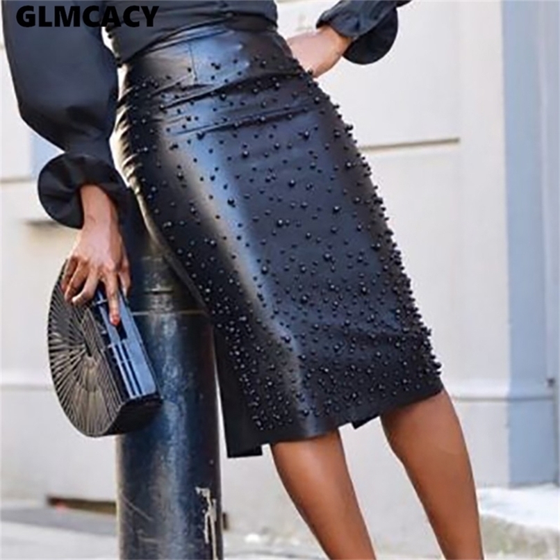 Women High Waist Beading PU Faux Leather Pencil Skirt Sexy Club Bandage Faldas Jupe 210619