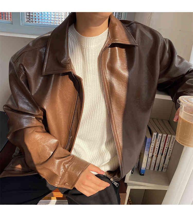 IEFB Men's Clothing Spring Oversize Coat Korean Trend Loose Casual PU Leather Jacket Coat Male Zipper Lapel Clothes 9Y4382 210524