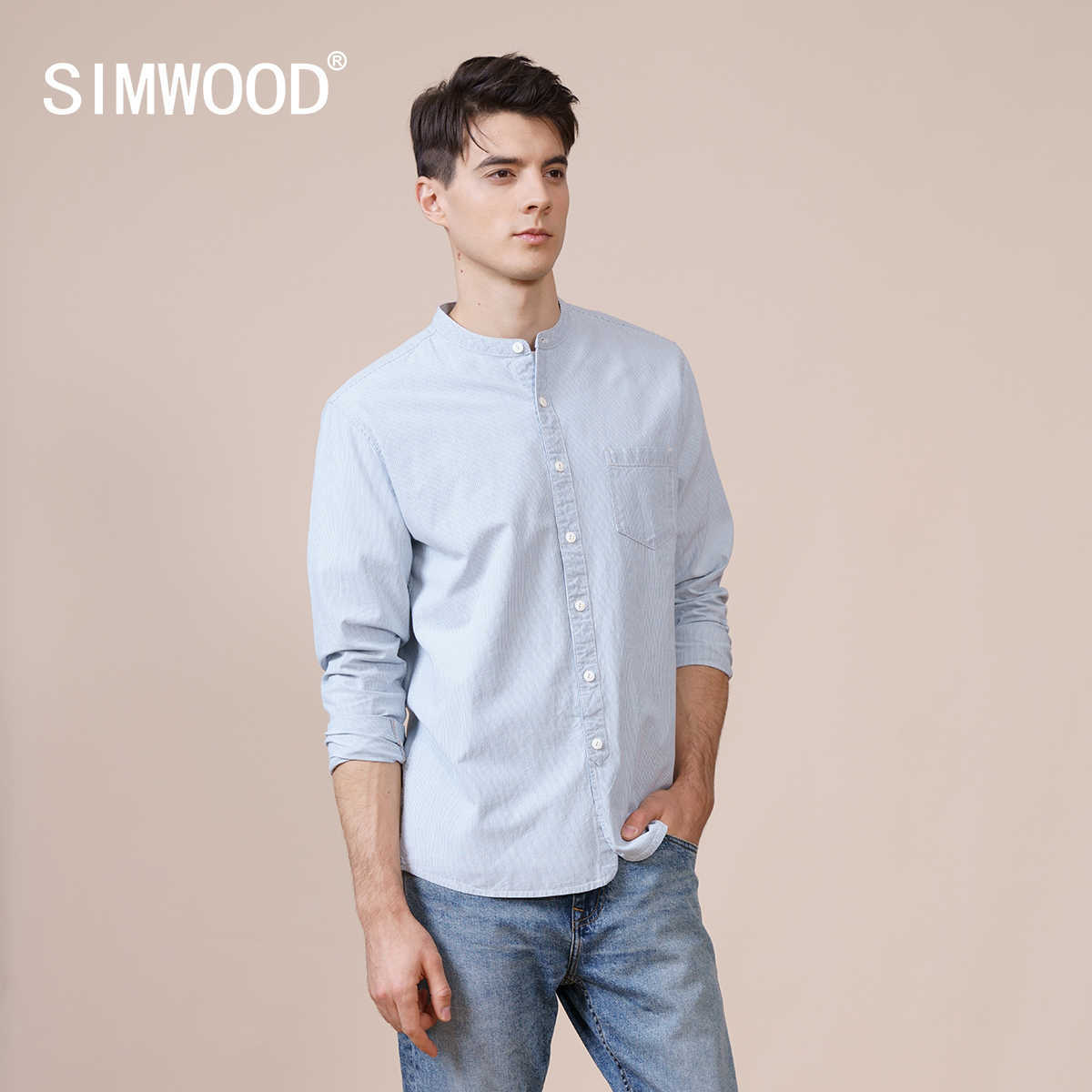 Spring Summer Mandarin Collar Shirts Men 100% Cotton Vertical Pinstripe Texture Casual SK130126 210721, White blue striped 
Spring Summer Mandarin Collar Shirts Men 100% Cotton Vertical Pinstripe Texture Casual SK130126 210721, White blue striped