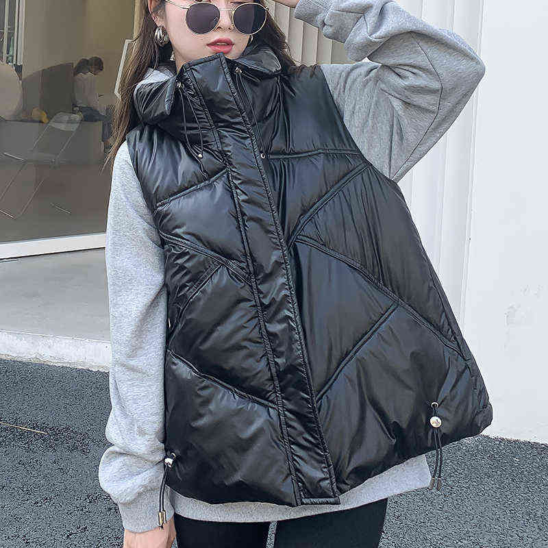 Shinny Winter Puffer Vest Women Solid Turn Down Collar Zipper Quilted Ladies Sleeveless Jacket Loose Korean Style Waistcoat 211105