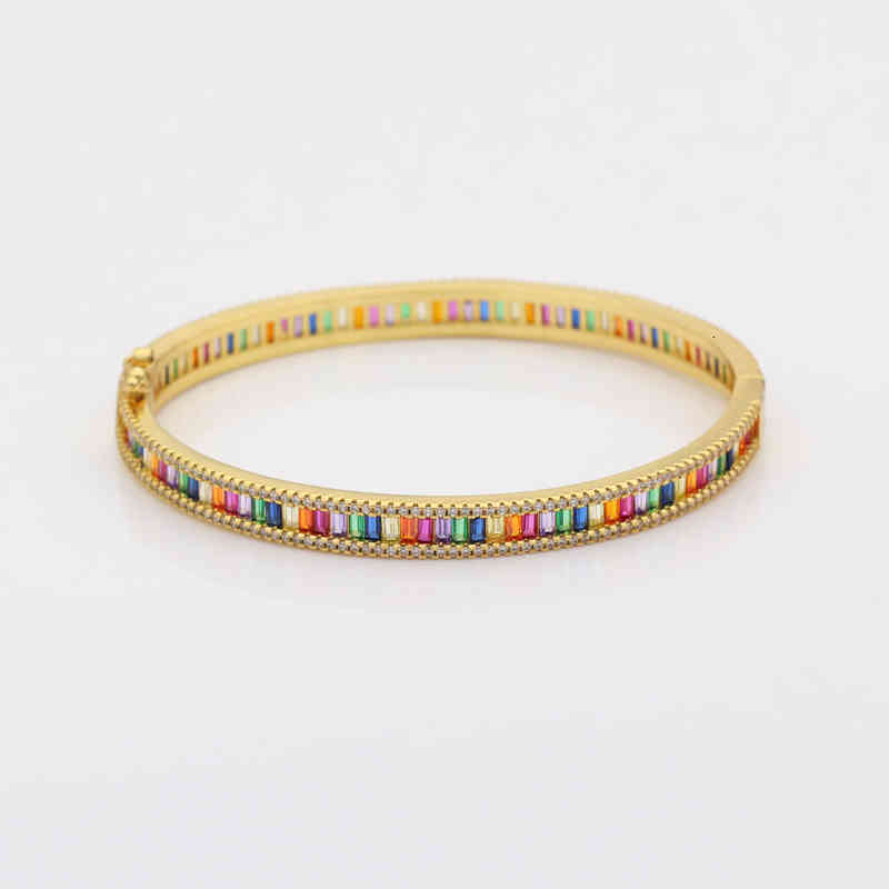 Adjusted Gold Filled Rainbow Baguette Cz Bangles for Women Gilr Colorful Cubic Zirconia Bracelet Fashion Crystal Jewelry