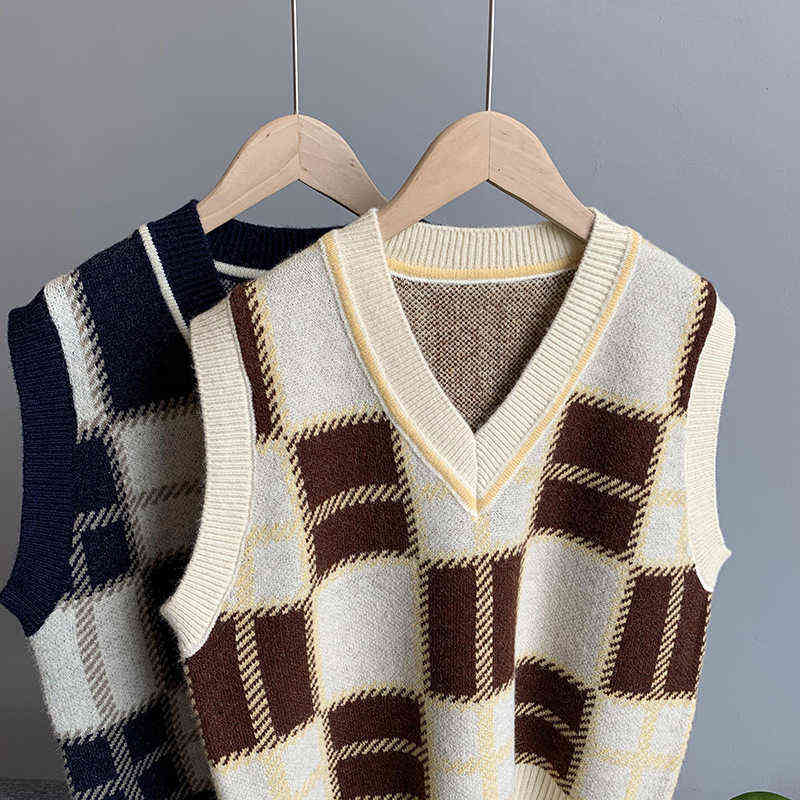 GOPLUS Vest Vintage Plaid Sweater Women Korean V-neck Knitted Sleeveless Short Gilet Femme Pull Sans Manche C10786 211120