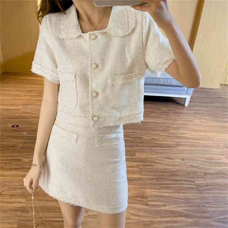 Korea Two Piece Set Women Elegant Fashion Tweed Peter Pan Collar Short Sleeve Crop Top + Mini Skirt Suit 210519, Sky blue
Korea Two Piece Set Women Elegant Fashion Tweed Peter Pan Collar Short Sleeve Crop Top + Mini Skirt Suit 210519, Sky blue