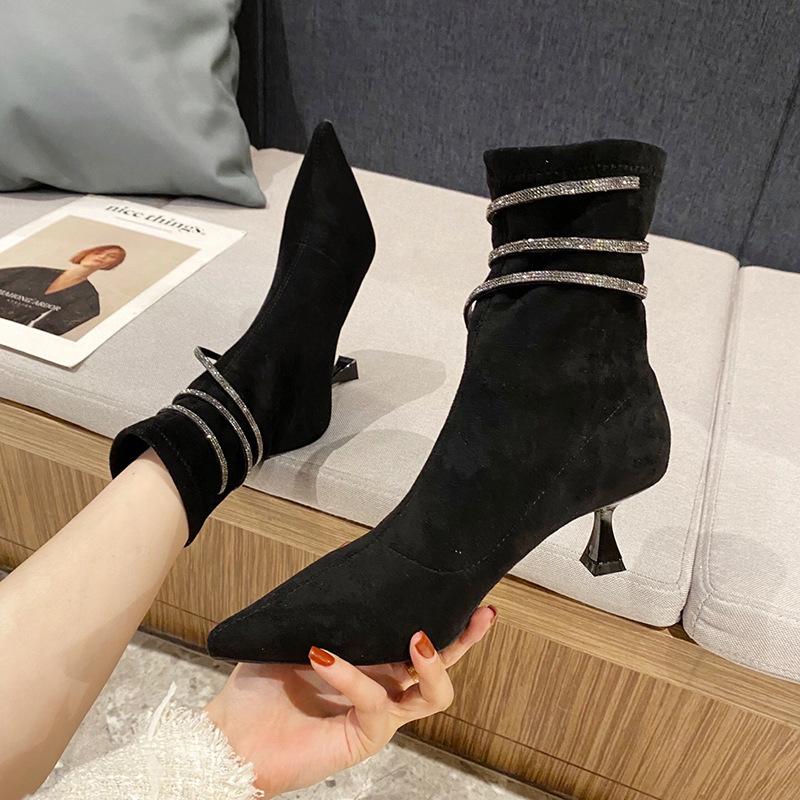 Boots Winter Lady Women's Low Shoes Boots-Women 2021 Mid-Calf Pointy Mid Calf High Heel Rubber Black Autumn Leather Basic Slip-