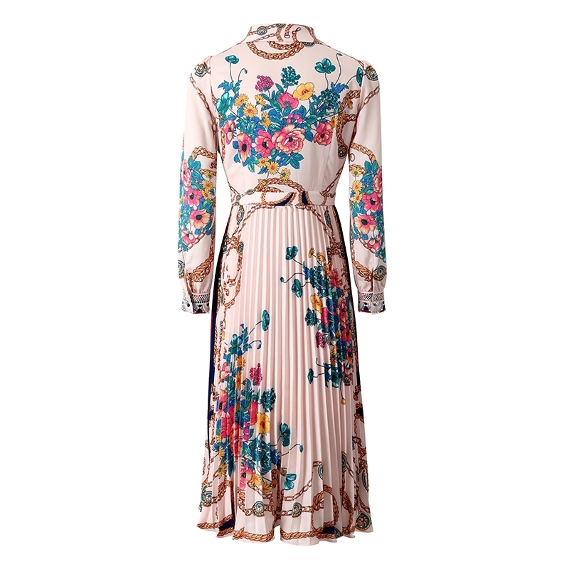 Fashion Runway Summer Women Dress Bead Floral Print Pleated Lace Elegant Slim Fit Ladies Vintage Midi Dresses 210522