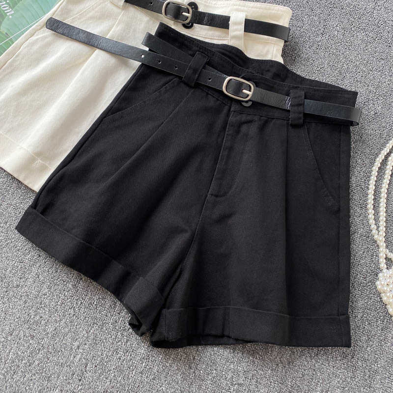 Woman Shorts Summer Belt High Waisted Bottoms Causal Solid Wide Leg Short Feminimos Pantalones De Mujer 6H532 210603
