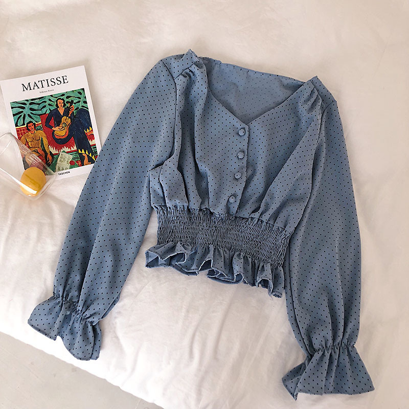 Vintage V-neck Flare Sleeve Polka Dot Women Blouse Shirts Elegant Front Buttons Slim Waist Ruffles Female Blouse blusas 210518, Khaki
Vintage V-neck Flare Sleeve Polka Dot Women Blouse Shirts Elegant Front Buttons Slim Waist Ruffles Female Blouse blusas 210518, Khaki