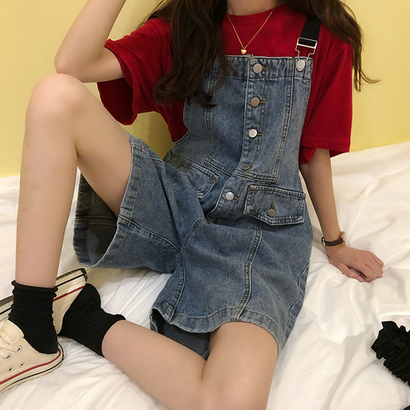 SML Summer korean preppy style Jumpsuit Denim Overalls Casual Girls vintage Wide Leg Jeans Shorts womens (78151) 210423