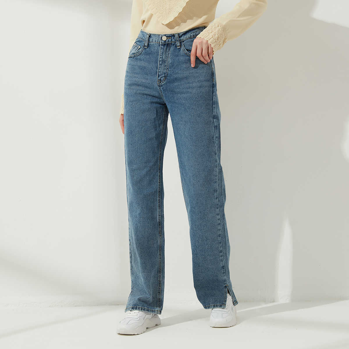 Wixra Side Opening High Waist Jeans Women Streetwear Straight Jean Femme Blue Black 100% Cotton Cargo Denim Pants 210616