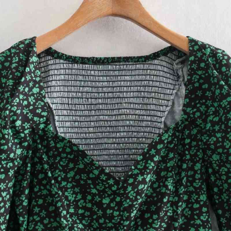 Women Green Flower Print Square Collar Slim Mini Dress Female Long Sleeve Clothes Casual Lady Vestido D7607 210430