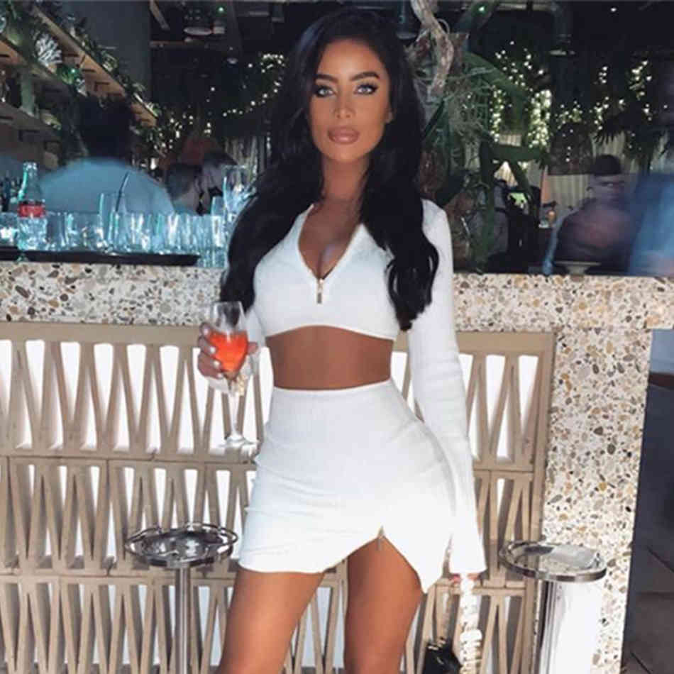 Free Women Rowan Mini Skirt Set Elegant O-neck Zipper Long Sleeve Tight Top & Chic Ladies Two-piece 210524