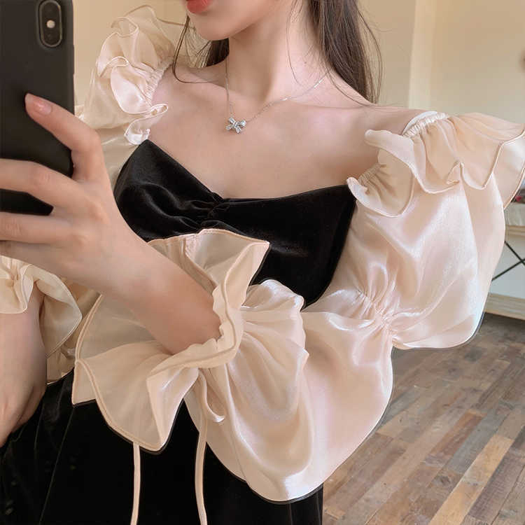 Women's Elegant Velour Ruffle Lace-Up Puff Sleeve Patchwork Dress For Spring