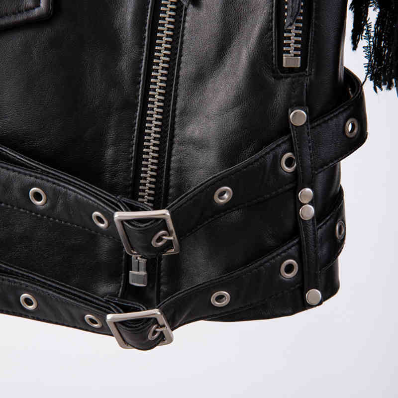 TWOTWINSTYLE Moto Style PU Leather Jacket For Women Stand Collar Long Sleeve Sashes Casual Jackets Female Fashion Clothing 210517