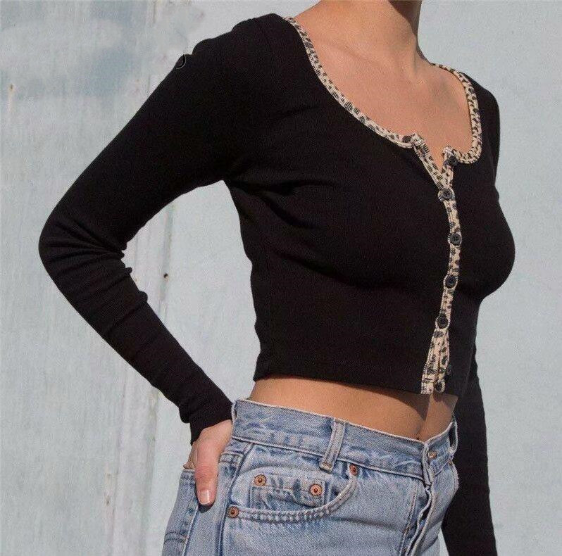 3 colors Stylish Leopard Patchwork Cropped Long Sleeve T-shirt Crop Top Chic Woman Slim Fit t shirt Basic tee 210429