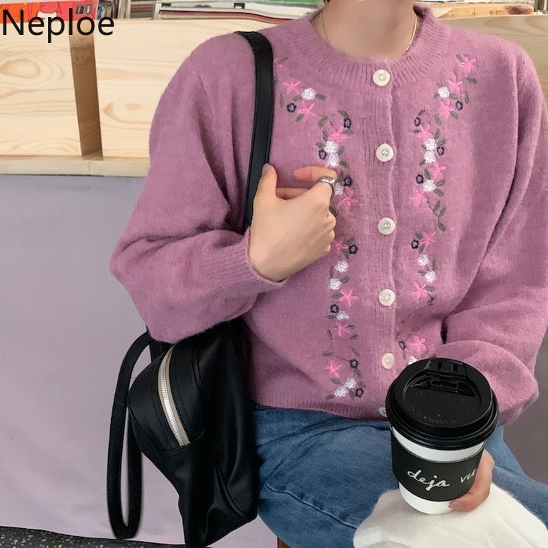 Neploe Embroidery Floral Sweates Women O-neck Knitted Cropped Cardigan Single Breasted Vintage Sueter Coat Woman Clothes 4H376 210422