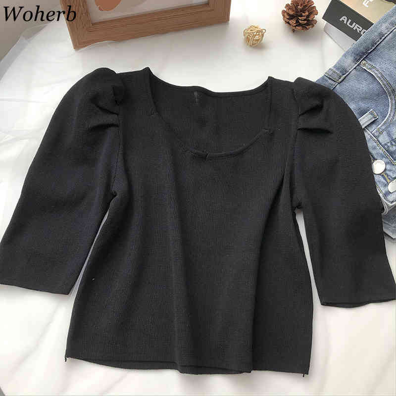 Crew Neck Short-sleeved Sweater Bottoming Shirt Women's T-shirt Loose Thin Striped Puf Sleeve Vintage Spring Summer Blusa 210519