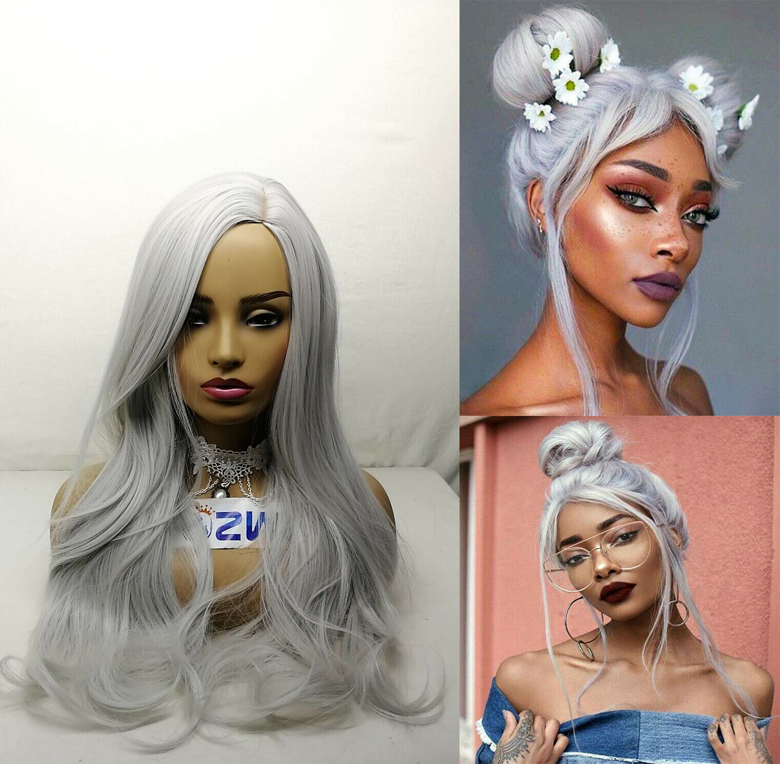 Beautiful Ombre Silver Grey Wigs Long Body Wave Synthetic heat resistant Natural for Women