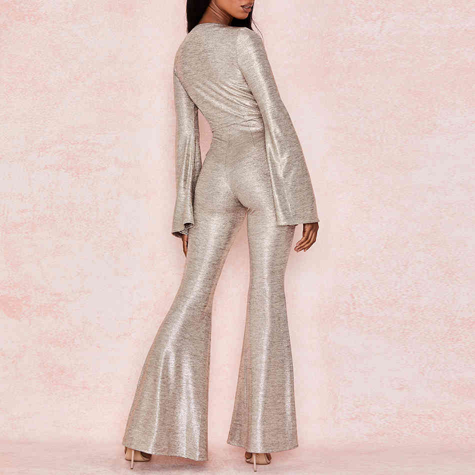 Summer Women's Jumpsuit V-neck Draped Flared Sexy Bodycon Elegant Club Celebrity Party 210524