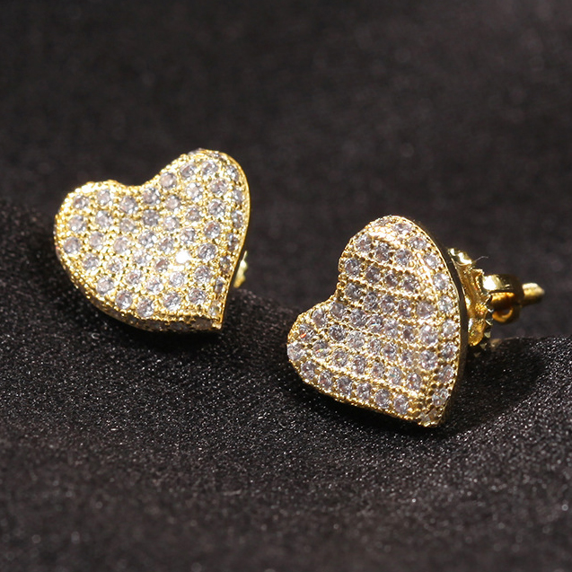 Real Gold Plated 925 Sterling Silver Stud Earring Hip Hop Cubic Zirconia Square Heart Love Polygon Earrings Studs for Men Women Bling Diamond Rapper J