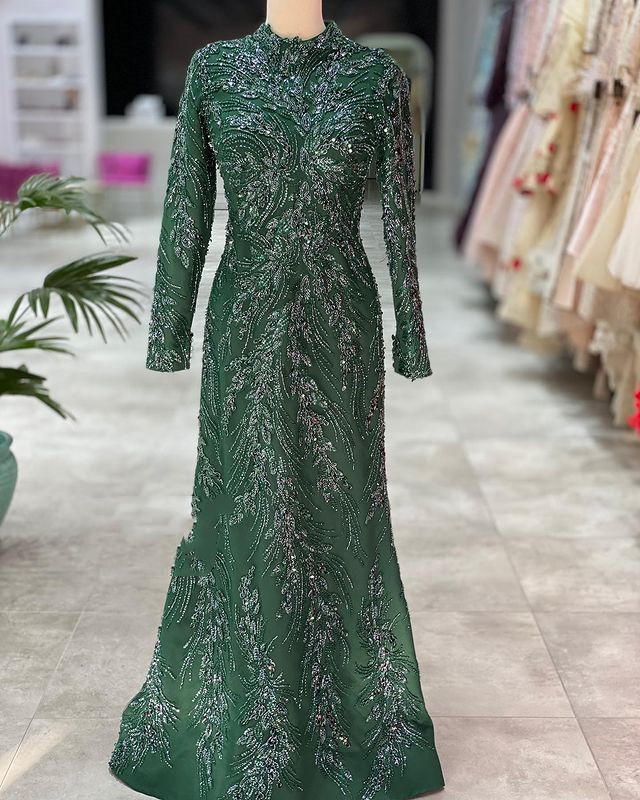 2022 Plus Size Arabic Aso Ebi Hunter Green Muslim Luxurious Prom Dresses Lace Beaded Evening Formal Party Second Reception Gowns Dress ZJ221