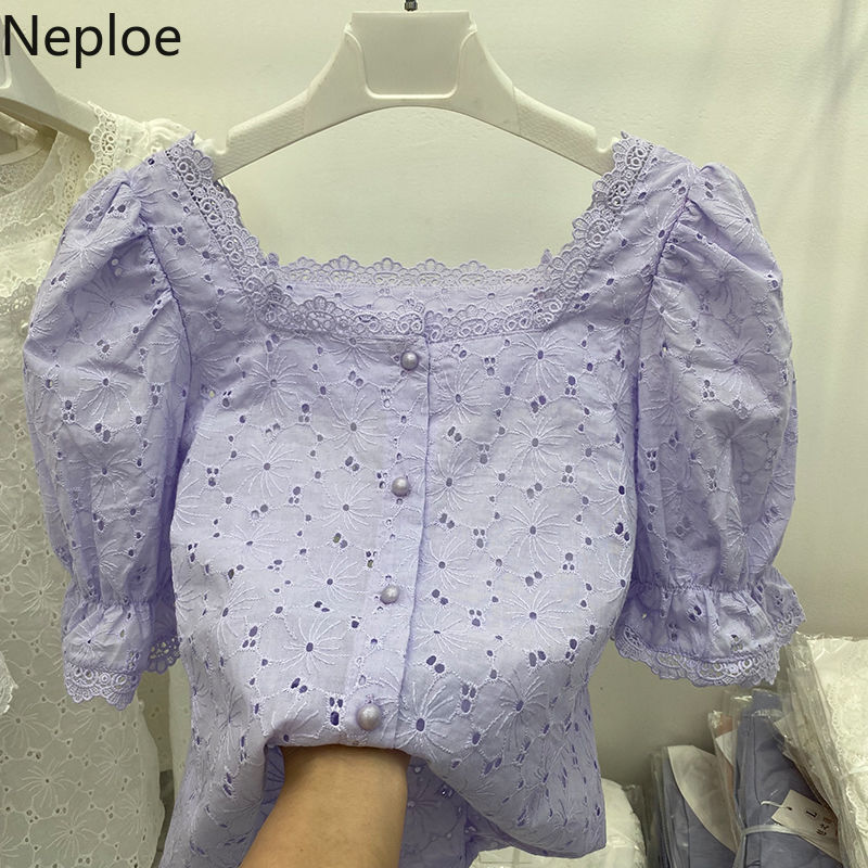 Neploe Women Blouse Embroidery Lace Square Collar Pearl Button Shirt Summer Vintage Tops Hollow Out Casual White Blusas Mujer 210422