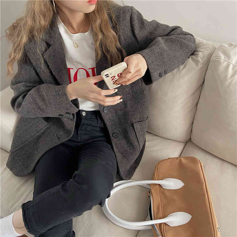 Grey Woolen Outwear Retro Blazers All Match Women Gentle Streetwear Jackets Female Chic Korean Vintage Coats 210421