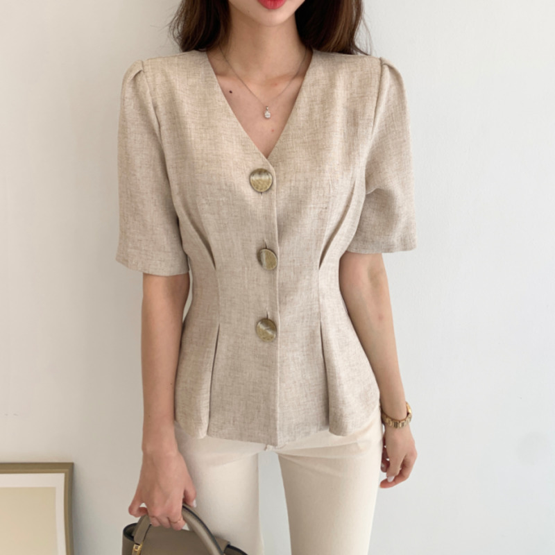 Summer Korean Temperament Solid Shirt For Women V Neck Short Sleeve Minimalist Casual Female Shirts Fashionable Clothing 210515