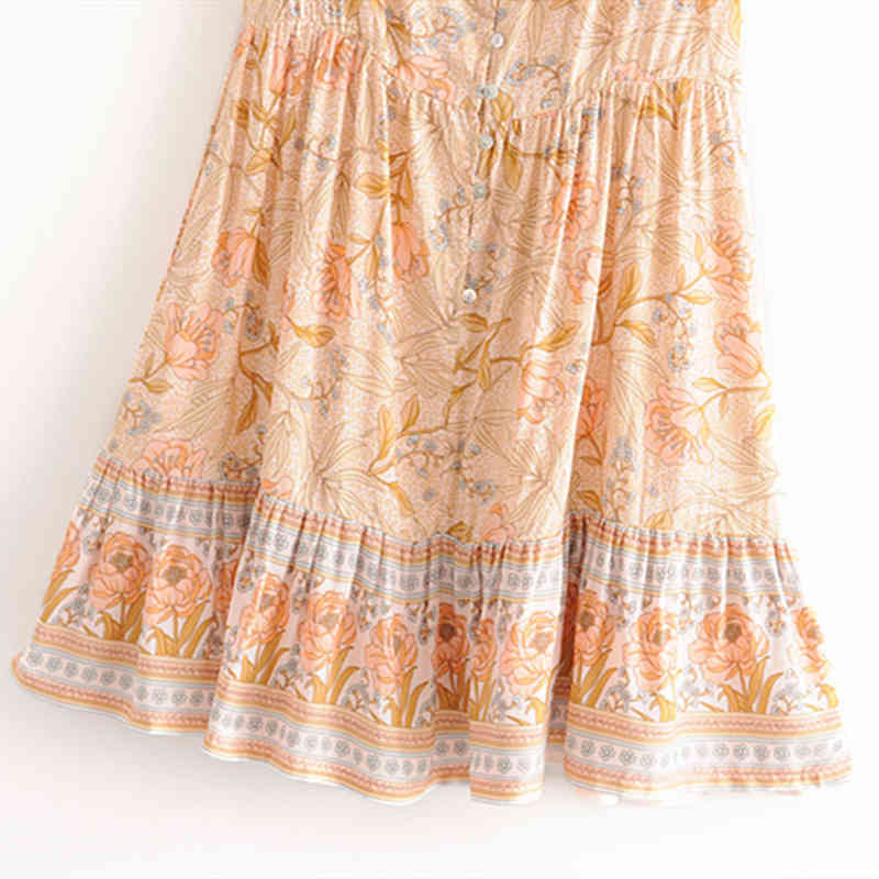 beauty Boho Floral Print Cotton Midi Dress Women Holiday Vintage V-neck Single Breasted Beach Dresses Female 210514